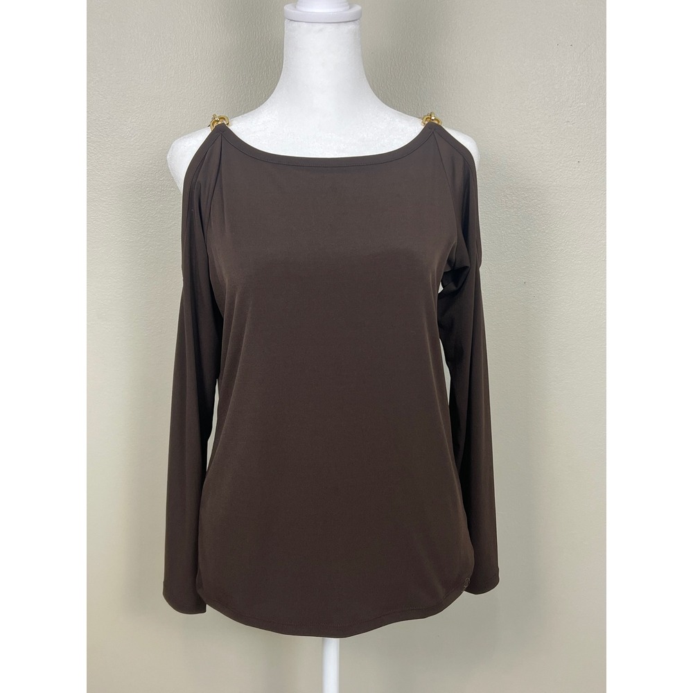 Michael Michael‎ Kors Brown Cold Shoulder Top Gold Chain Link Long Sleeve Small